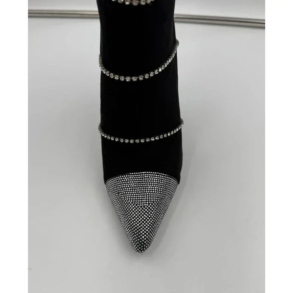 Lauren Lorraine Womens Boots Beyonce Black Rhinestones Knee Size 6.5 Statement - Picture 2 of 11
